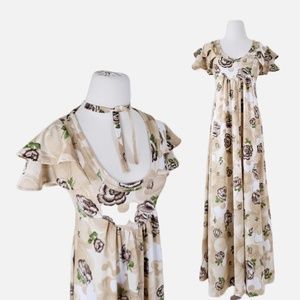 70's maxi dress neutral empire waist cap tulip sleeve floor-length long scoop